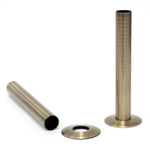 Antique brass-finished shroud and base plate pipe cover designed for a cast iron radiator, adding a touch of elegance and protection to the heating system