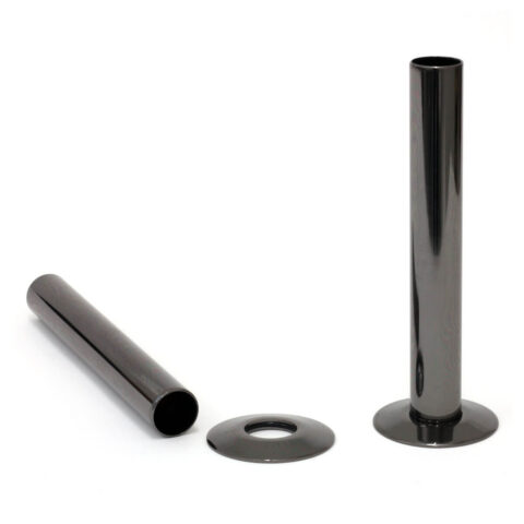 Black nickel-finished shroud and base plate pipe cover designed for a cast iron radiator, adding a touch of elegance and protection to the heating system