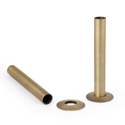 Natural brass-finished shroud and base plate pipe cover designed for a cast iron radiator, adding a touch of elegance and protection to the heating system