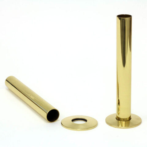 Polished brass-finished shroud and base plate pipe cover designed for a cast iron radiator, adding a touch of elegance and protection to the heating system