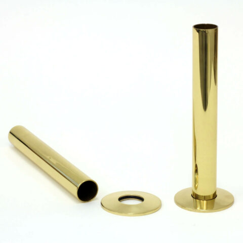 Polished brass-finished shroud and base plate pipe cover designed for a cast iron radiator, adding a touch of elegance and protection to the heating system