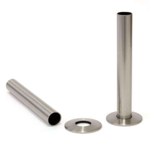 Satin nickel-finished shroud and base plate pipe cover designed for a cast iron radiator, adding a touch of elegance and protection to the heating system